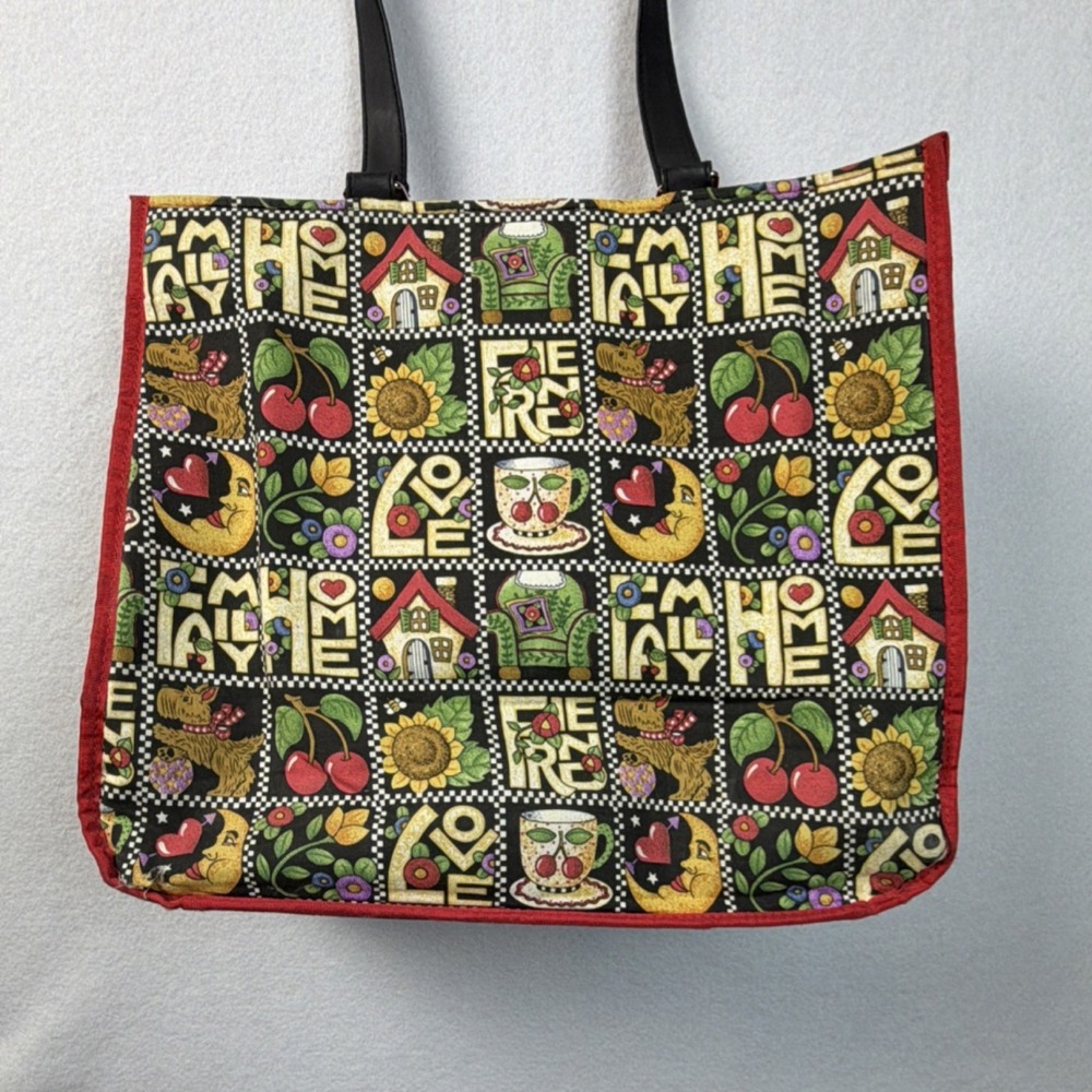 Mary Engelbreit Colorful Folk Art Tote Bag Red Interior Shoulder Bag